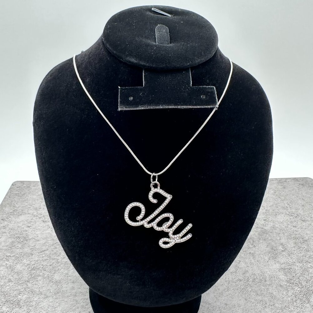 Calvin Klein 18" Silver Tone "Joy" Script‎ Pave Stones Pendant Necklace Chain